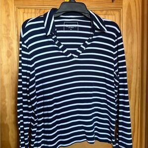 Charter Club Navy and White Striped Long Sleeve, V neck with Collar Top